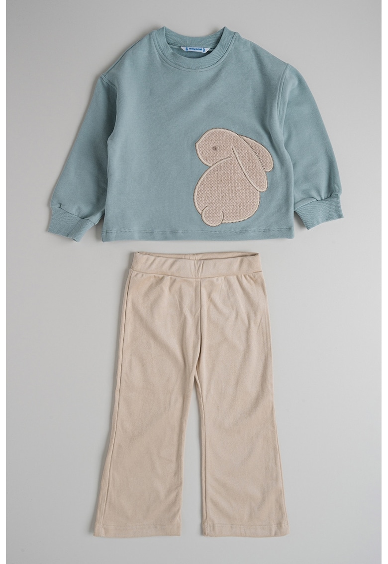 Set de bluza de trening cu iepure brodat si pantaloni - 2 piese - Alb fildes/Turcoaz