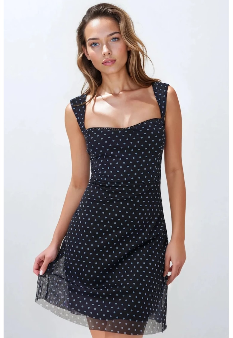 Rochie mini -  tul cu imprimeu - guler inima - albastra