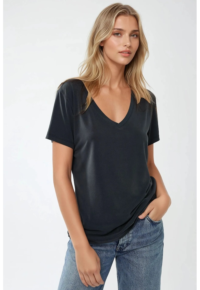 Tricou dama -  tricotat - maneca scurta - gri carbune - jerseu