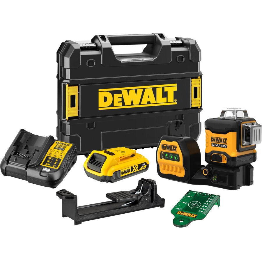 battery-powered multi-line laser 3x360° DCE089D1G18-QW, 18 volts, cross line laser (black/yellow, with green laser lines)