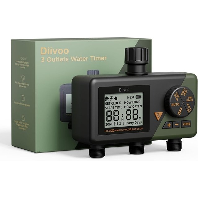 Programator Automat pentru Irigare Diivoo WT10M-GN, 3 Zone Independente, IP54, Functie Rain Delay