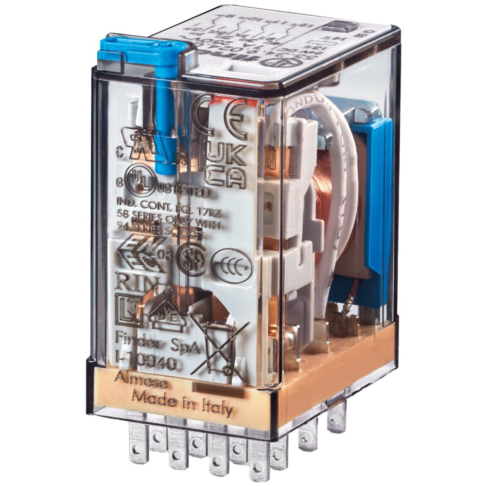 Releu industrial miniaturizat, fisabil, alimentare 48VC.C., 4CO, 7A, AgNi, cu buton de proba blocabil Finder 55.34.9.048.0040