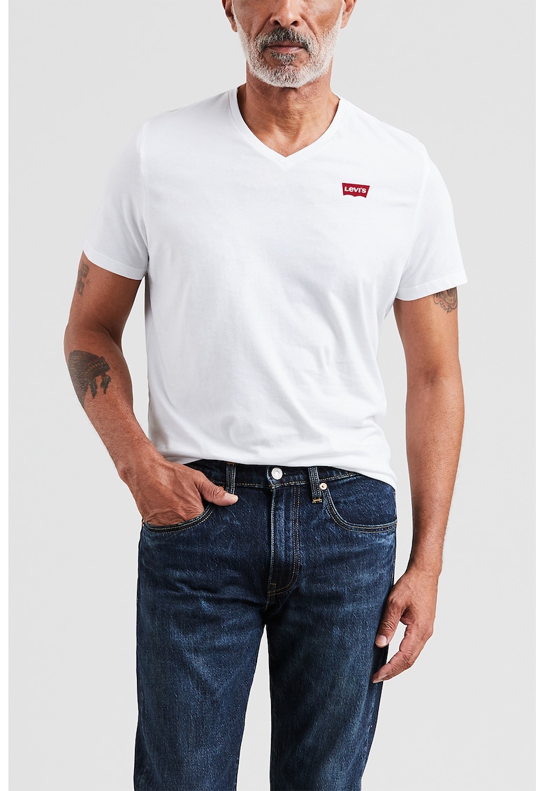 Tricou de bumbac cu decolteu in V - Alb optic