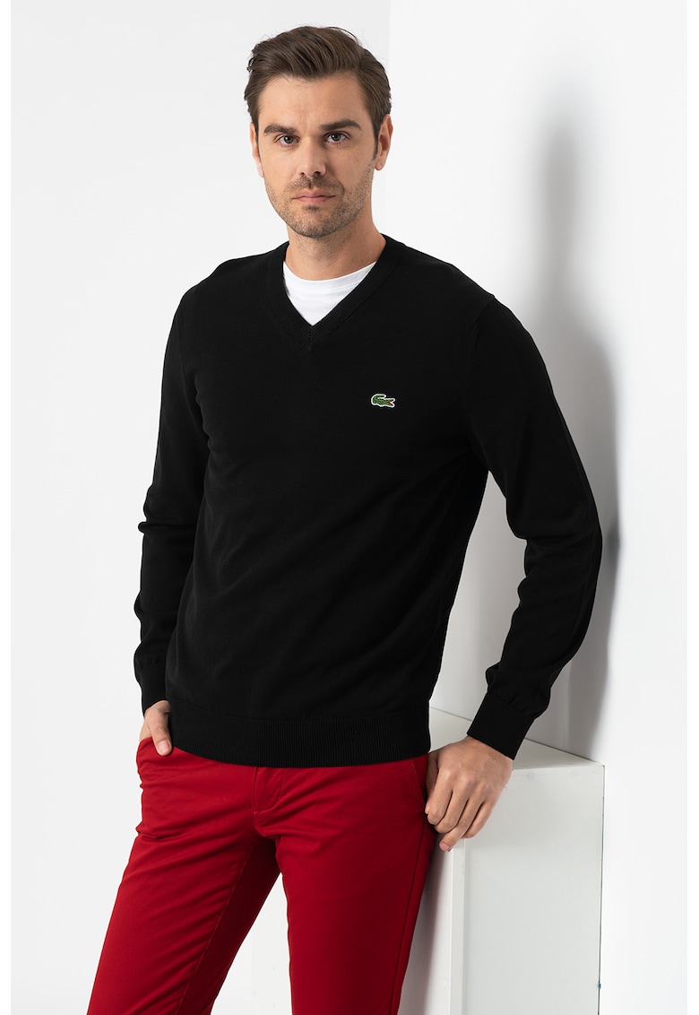 Pulover regular fit din bumbac organic cu decolteu in V - Negru