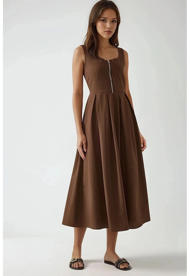 Rochie maxi -  A-line - decolteu rotund - fermoar - maro - textil