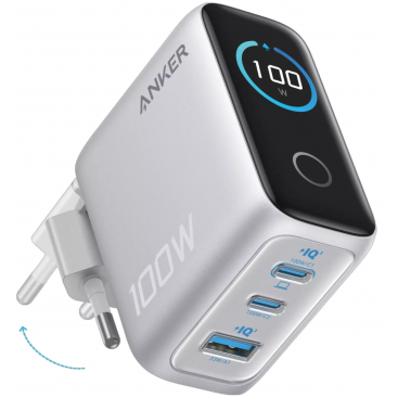 Incarcator Retea Cu Cablu USB-C Smart Display 100W 5A 1 x USB-A - 2 x USB-C Argintiu
