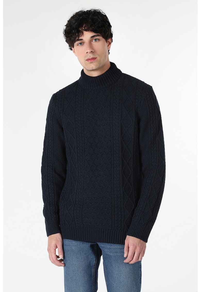 Pulover cu model torsade si guler scurt - Bleumarin