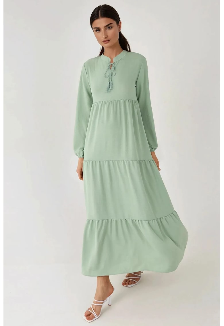 Rochie maxi -  maneca lunga - guler rotund - verde - textil