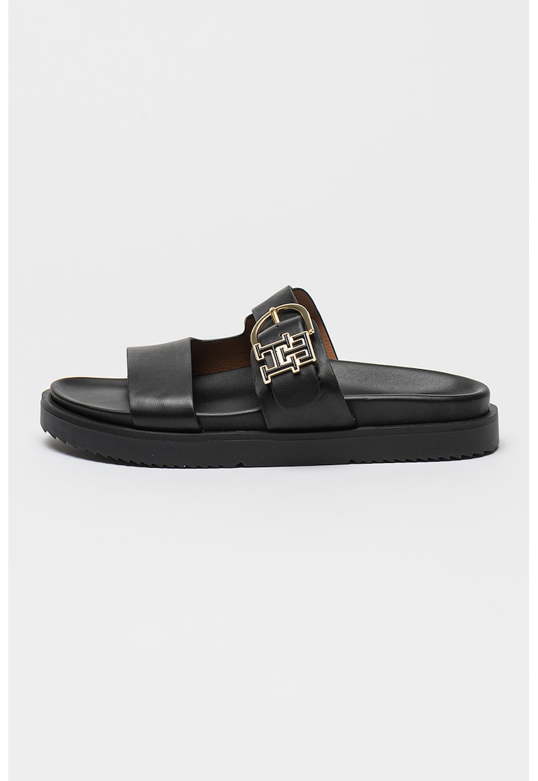 Papuci din piele cu model monograma - Negru