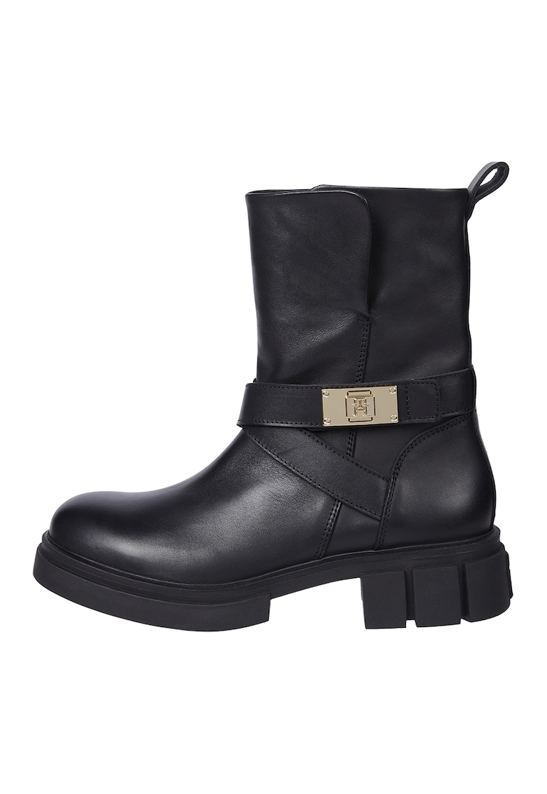Ghete de piele cu fermoar si monograma metalica - Negru