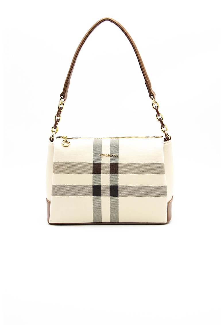 Geanta de piele ecologica  cu model in carouri - Negru/Maro/Crem - 20x25x11