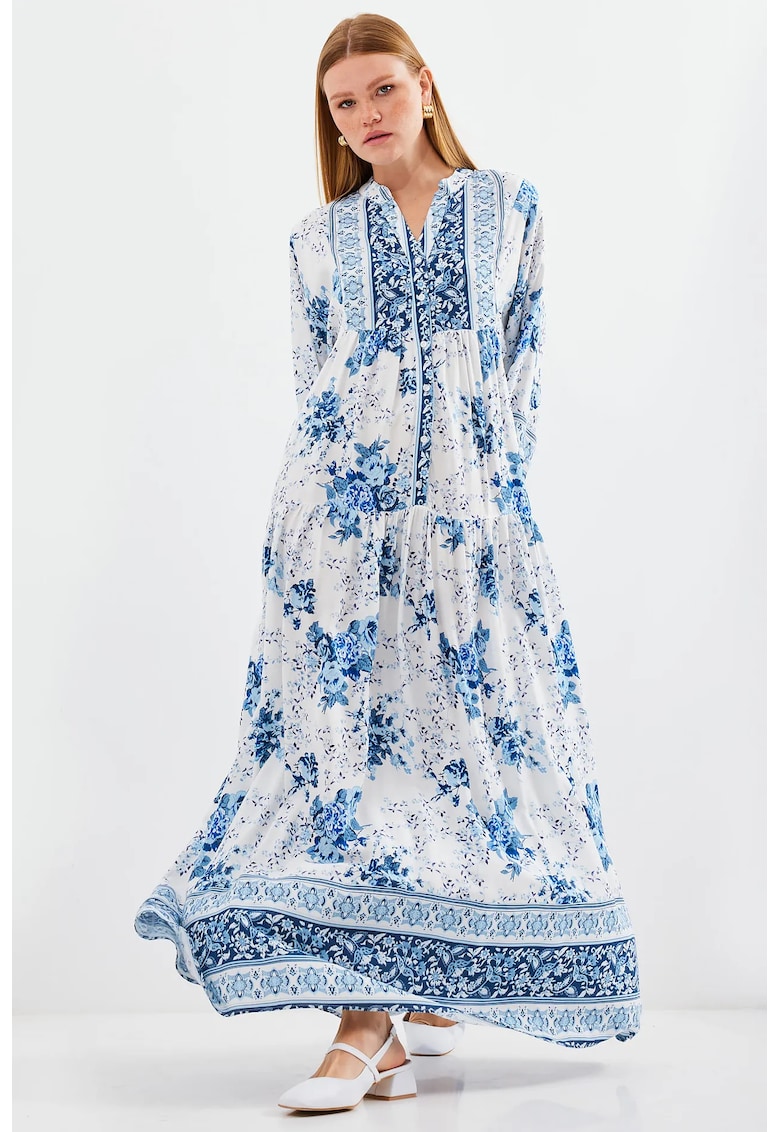 Rochie maxi dama - viscoza - HiCCUP - decolteu in V - alb/albastru