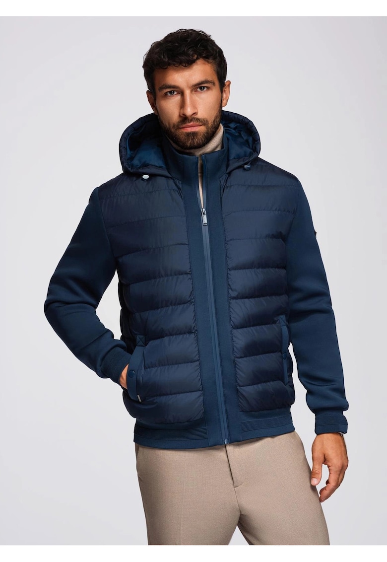 Jacheta bomber matlasata cu gluga si maneci tricotate  OM-JALP-0298 - Albastru inchis