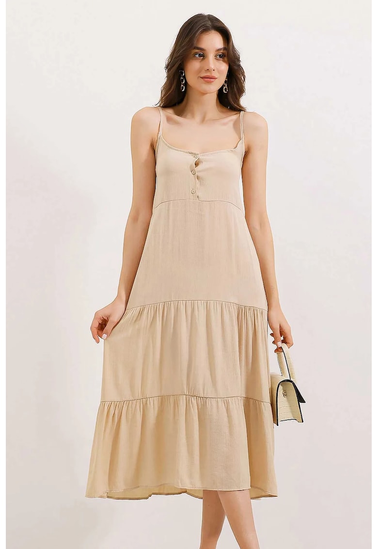 Rochie midi dama - HiCCUP - lejera - decolteu patrat - poliester - bej