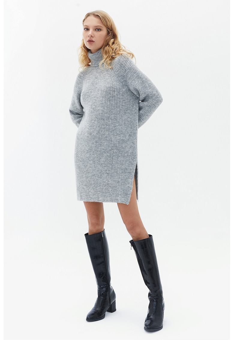Rochie-pulover din amestec de lana cu guler inalt - Gri melange