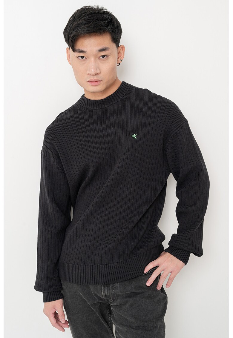 Pulover striat cu detaliu logo - Negru