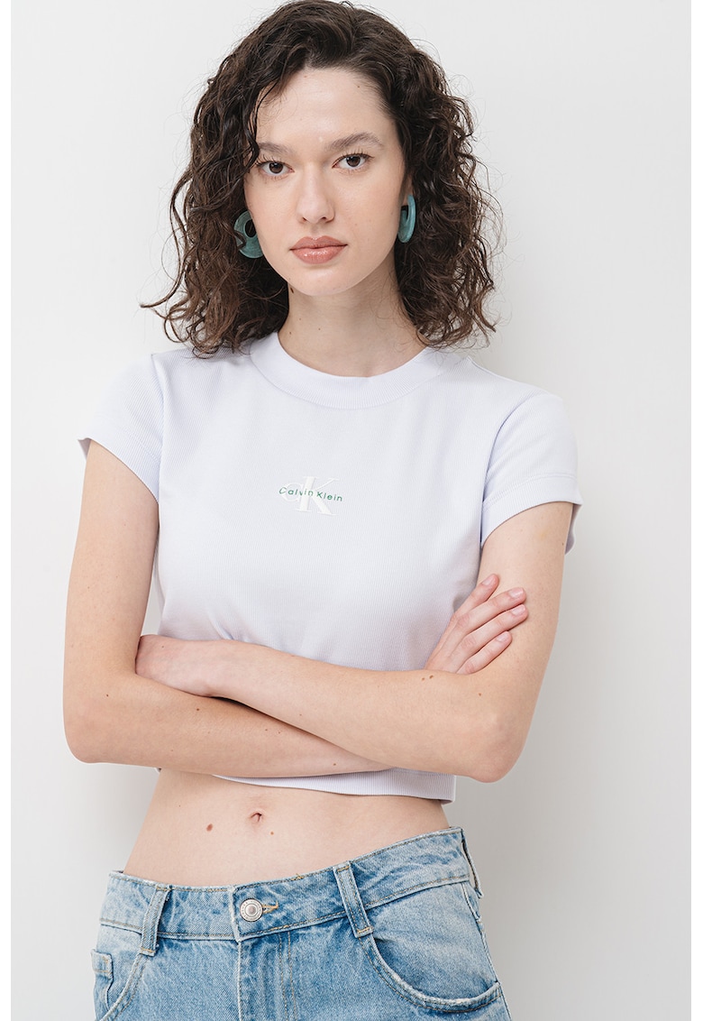 Tricou crop cu aspect striat - Albastru azur