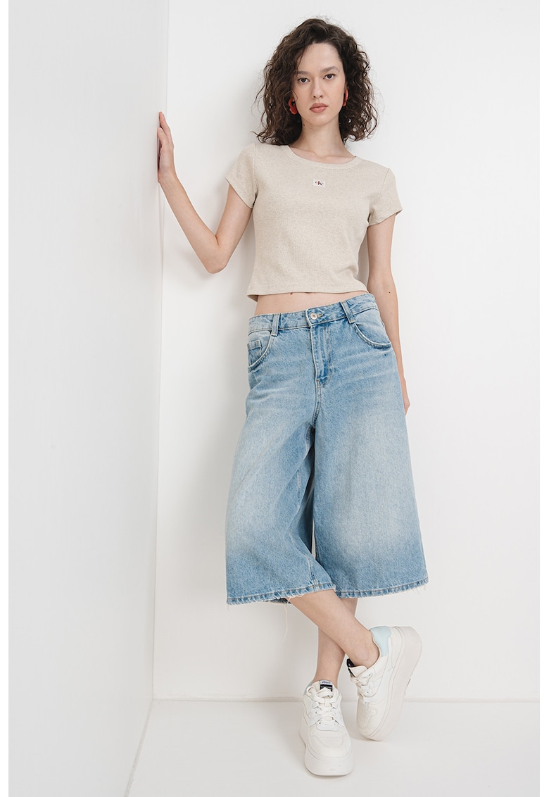 Tricou crop cu croiala slim fit - Gri inchis/Bej deschis