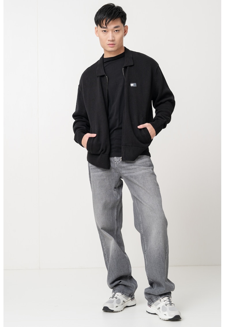 Cardigan cu fermoar si aplicatie logo - Negru