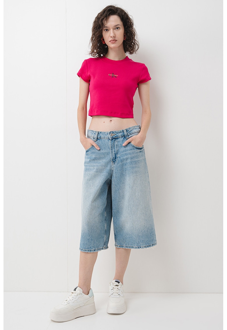 Tricou crop cu aspect striat - Fucsia