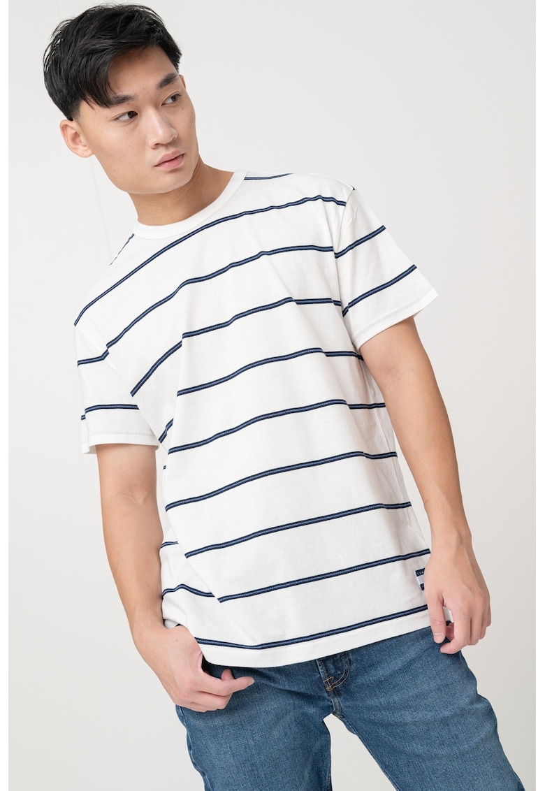 Tricou cu decolteu la baza gatului si model in dungi - Alb/Albastru ultramarin