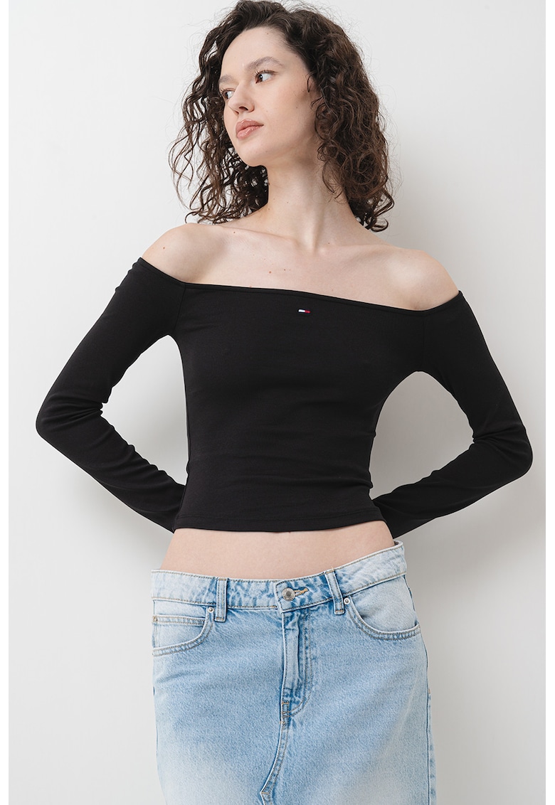 Bluza crop cu decolteu pe un umar - Negru