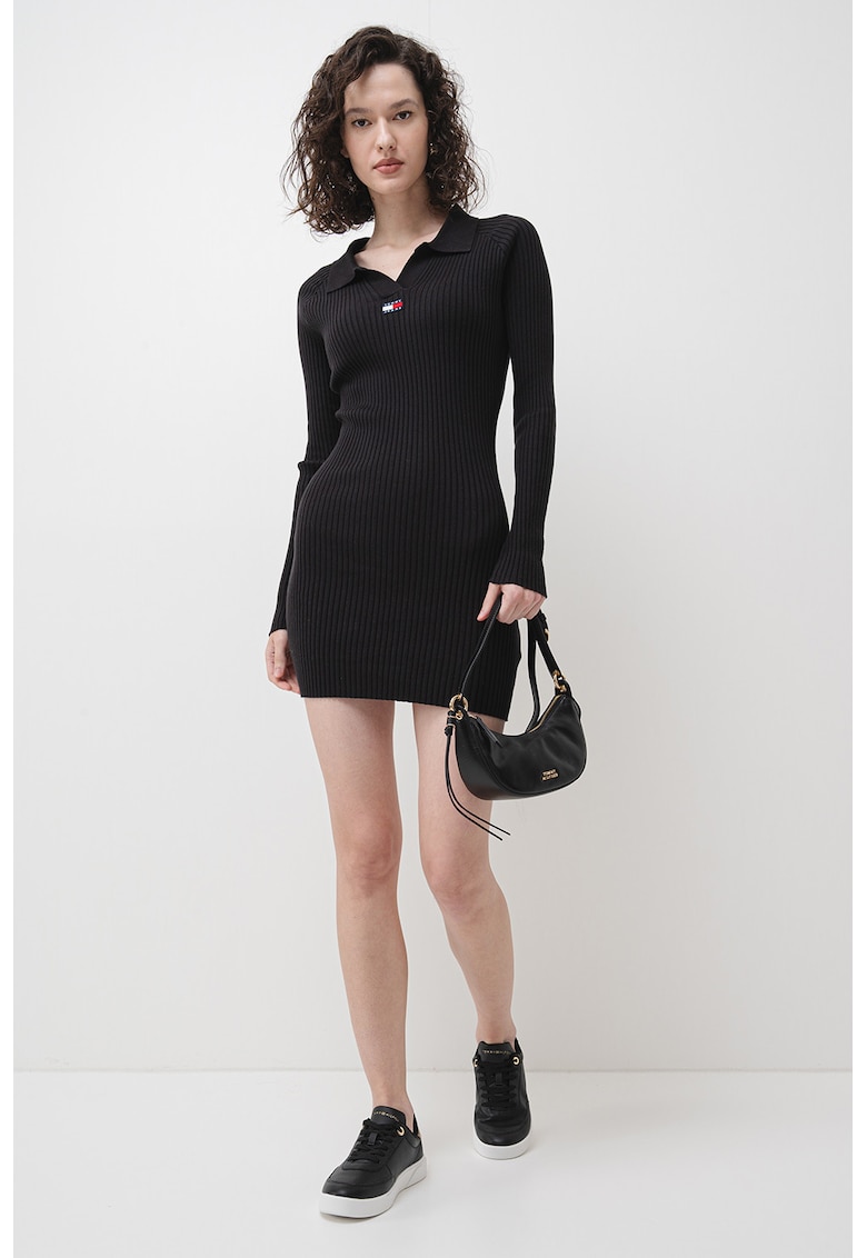 Rochie-pulover striata si tricotata - Negru
