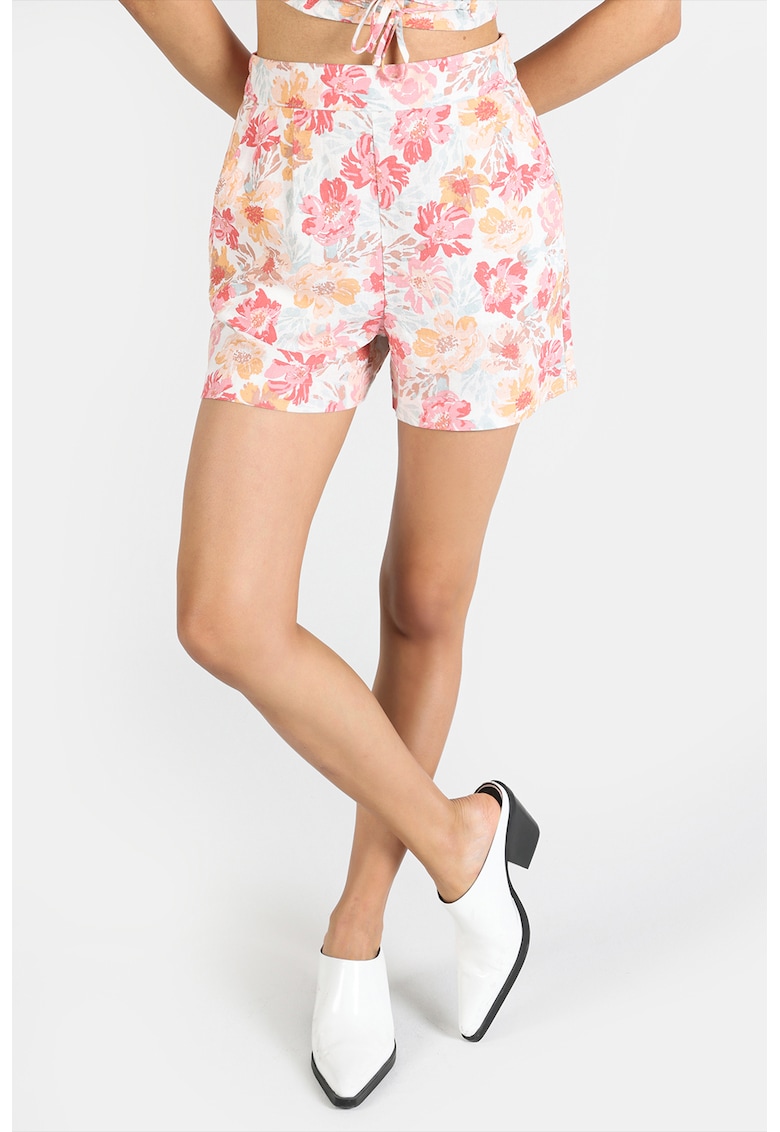 Pantaloni scurti din amestec de in cu talie elastica - Alb/Roz