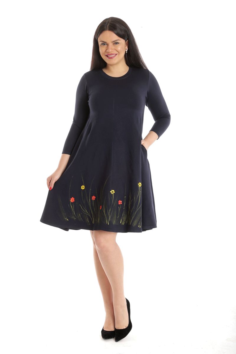 Oferte la Rochie Dama cu Buzunare, Bleumarin cu pictura realizata manual