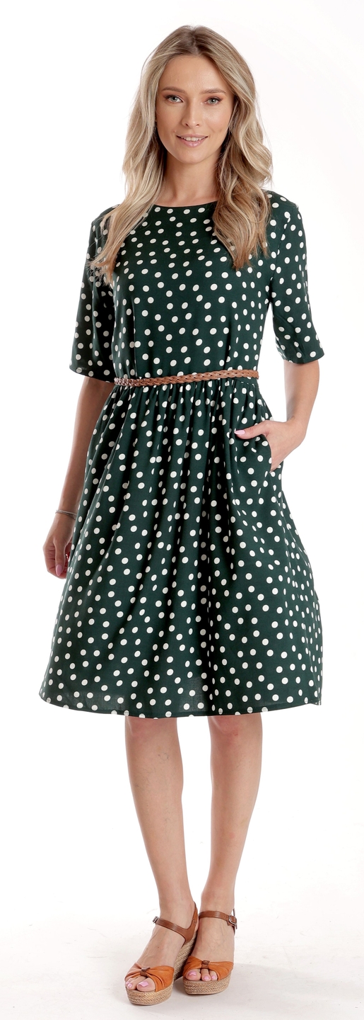 Oferte la Rochie Medie Dama V273, Verde inchis cu buline albe