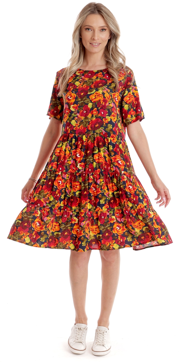 Oferte la Rochie cu Volane Dama V279, Rosu cu imprimeu multicolor