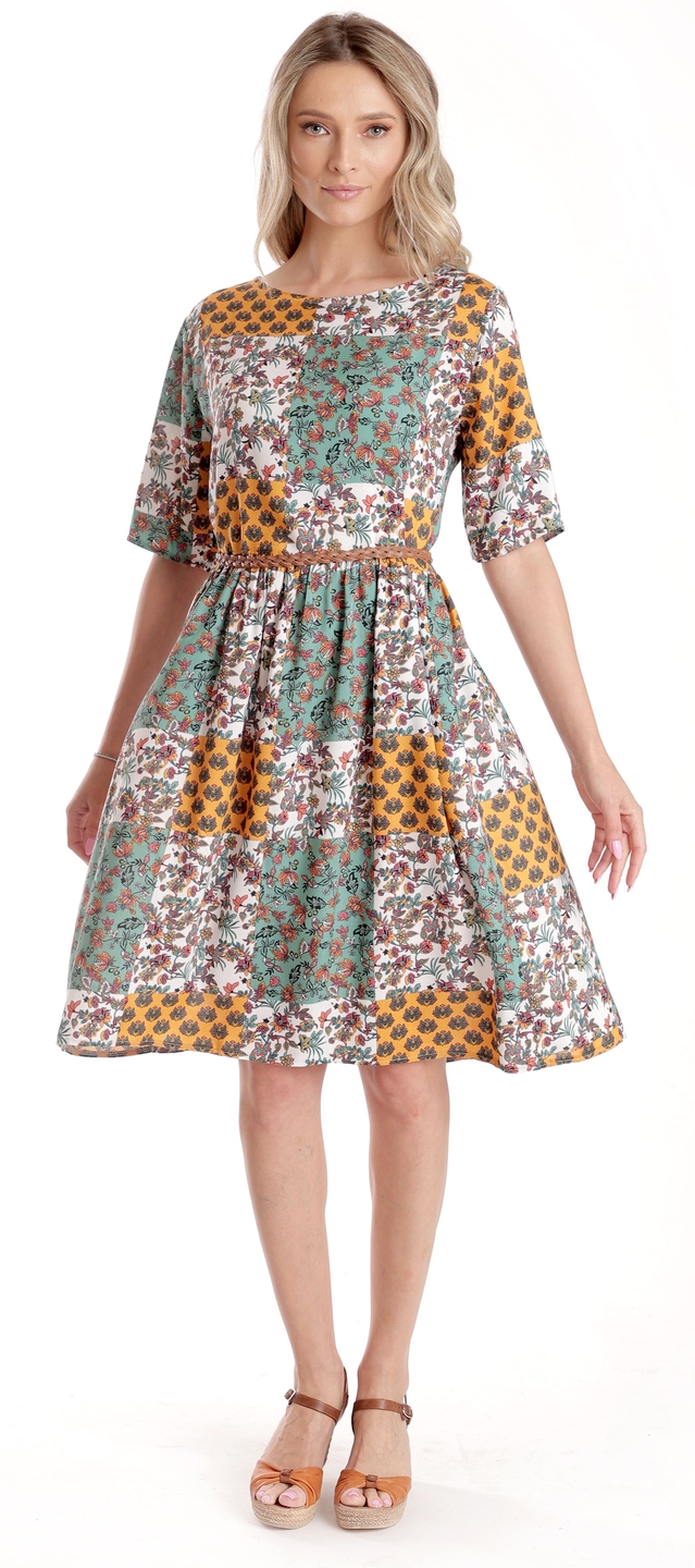 Oferte la Rochie Medie Dama V275, Imprimeu Combinat Crem, Mustar si Verde
