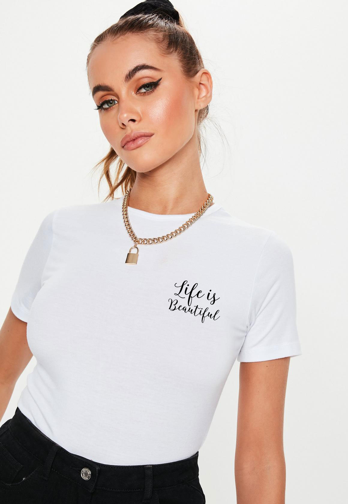 Oferte la Tricou dama alb - Life is beautiful