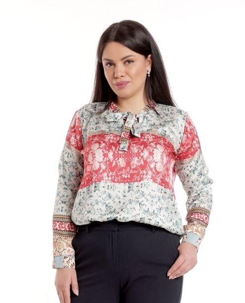 Oferte la Bluza Dama din Satin cu Funda, Gri cu Rosu si imprimeu