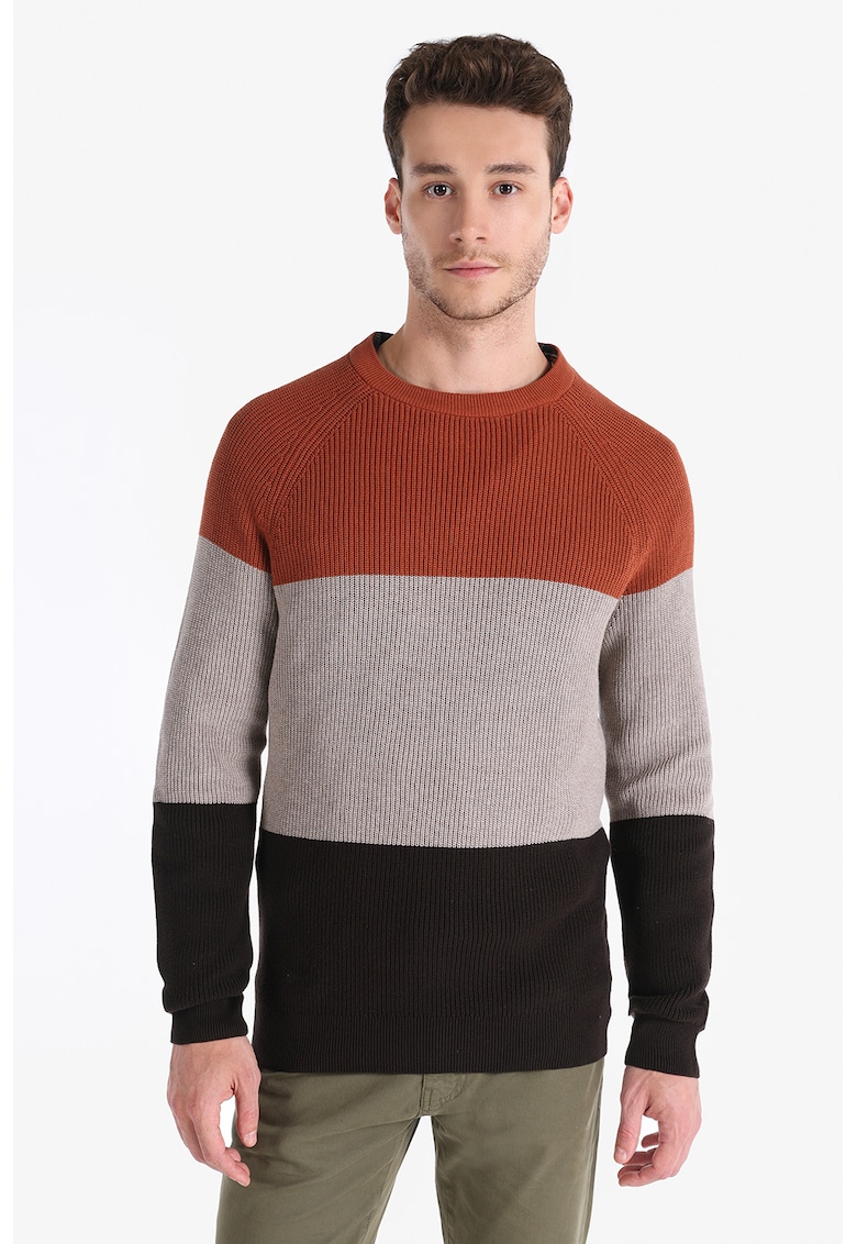 Pulover cu decolteu la baza gatului si maneci raglan - Negru/Maro taupe deschis/Caramiziu
