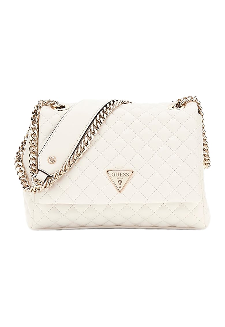 Geanta crossbody cu bareta din lant - clapa si aspect matlasat - Alb murdar