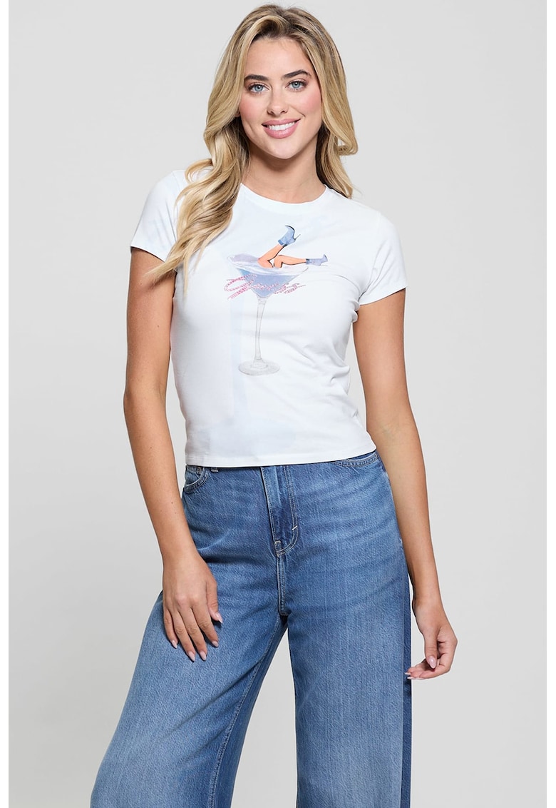 Tricou cu deolteu rotund si imprimeu - Alb/Albastru pastel/Roz