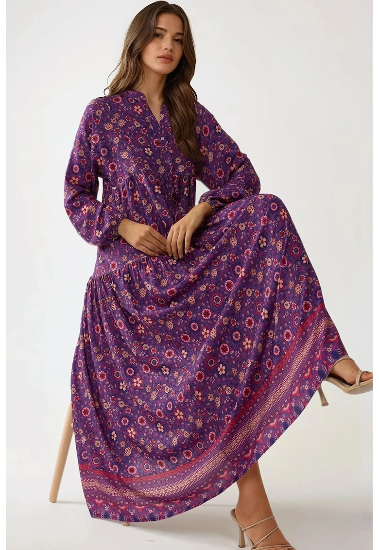 Rochie  imprimeu - decolteu in V - violet - textil
