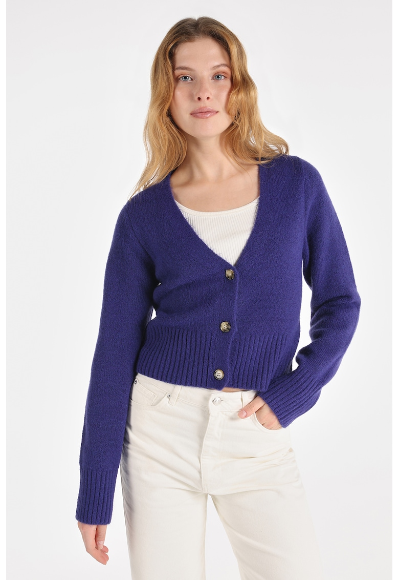 Cardigan crop cu decolteu in V - Albastru indigo