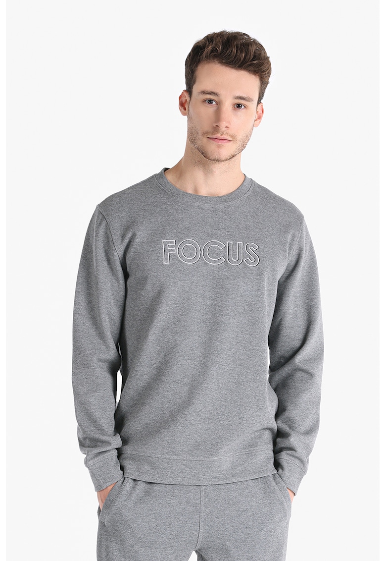 Bluza sport cu decolteu la baza gatului si text brodat - Gri inchis melange
