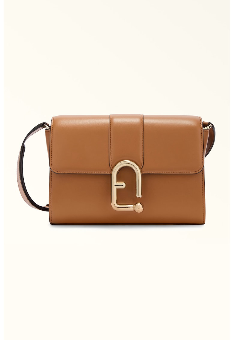 Geanta crossbody de piele cu logo - Caramel