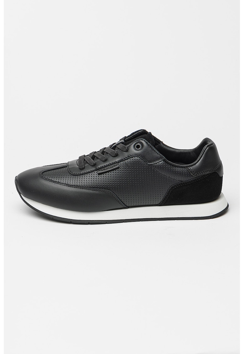 Pantofi sport din piele cu design perforat - Negru/Alb optic