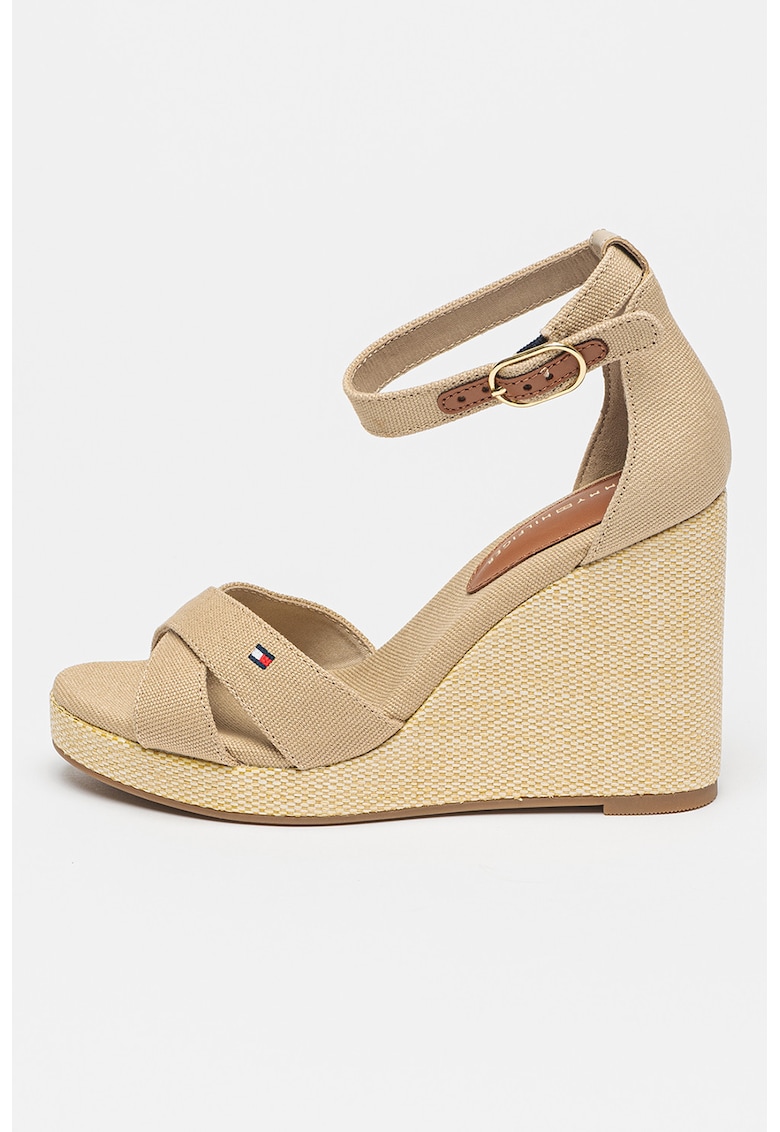 Sandale cu talpa wedge si broderie logo - Maro camel