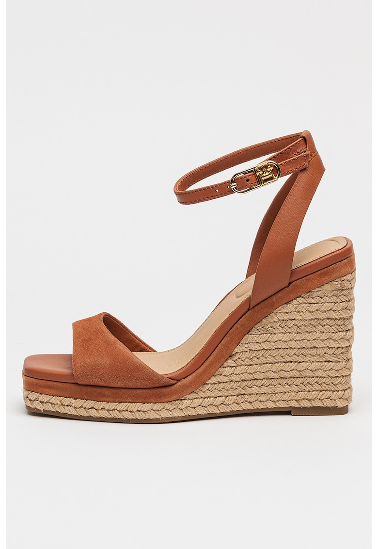 Sandale din piele si piele intoarsa cu talpa wedge - Maro scortisoara
