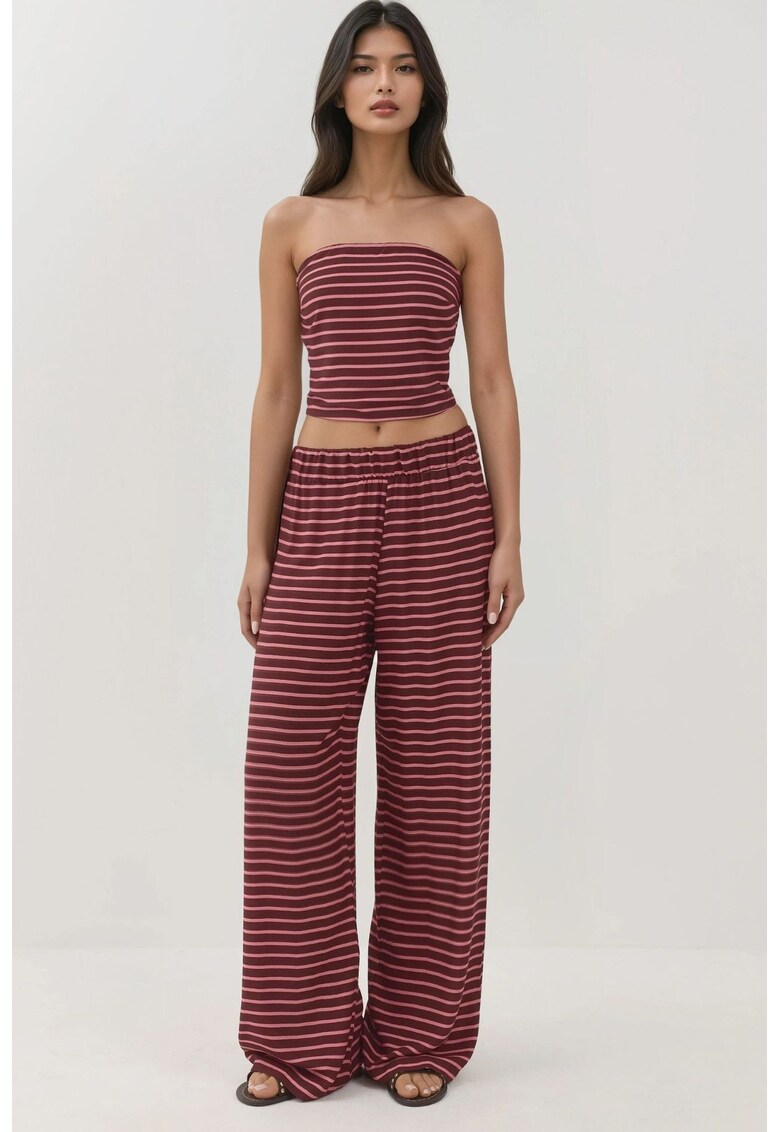 Set doua piese -  top fara bretele si pantaloni cu dungi - rosu - jerseu