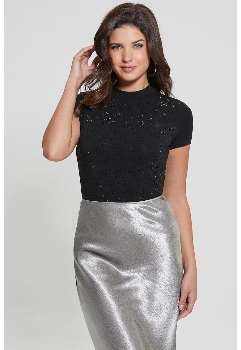 Tricou crop cu model monograma cu strasuri - Negru