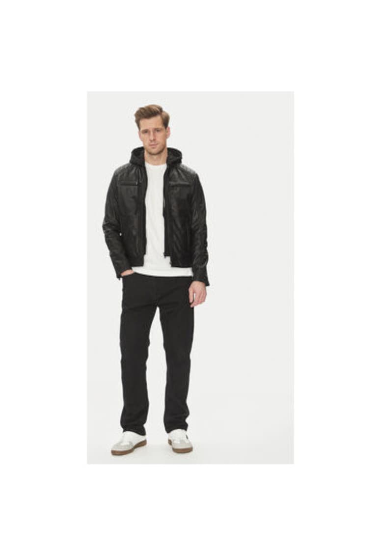 Geaca din piele barbati  SEAN HOOD - Piele naturala - Negru - Negru