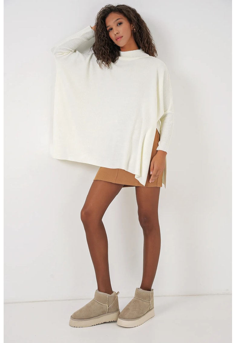 Pulover dama - BigDart - guler inalt - dungi - tricot - Alb -