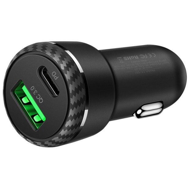 Incarcator Auto CC-5970 2.4A Dual Port 36W USB si Type-C Negru