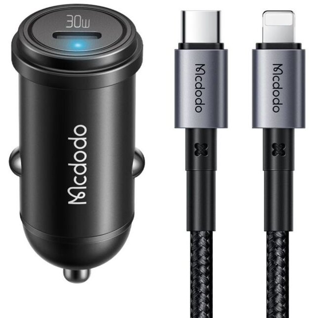 Incarcator Auto 1xType-C Fast Charging PD 30W Cablu USB Type-C  Lightning 1.2m Negru